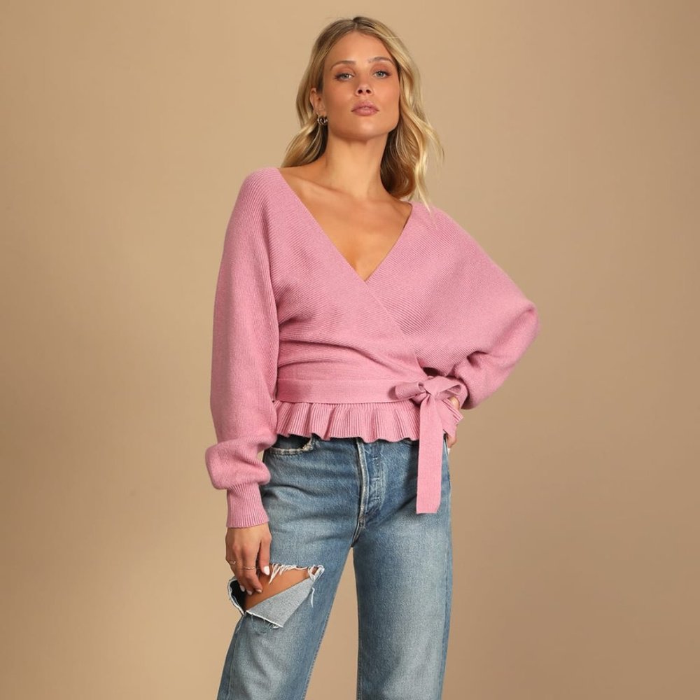 Lulus Rose Pink Knit Faux-Wrap Long Sleeve Sweater Size Medium - Picture 2 of 6